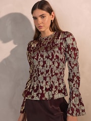 Burgundy/Gold Long Sleeve Metallic Smocked Top - Image 2 of 8