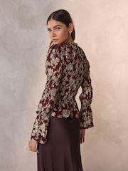 Burgundy/Gold Long Sleeve Metallic Smocked Top - Image 4 of 8