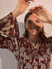Burgundy/Gold Long Sleeve Metallic Smocked Top - Image 5 of 8