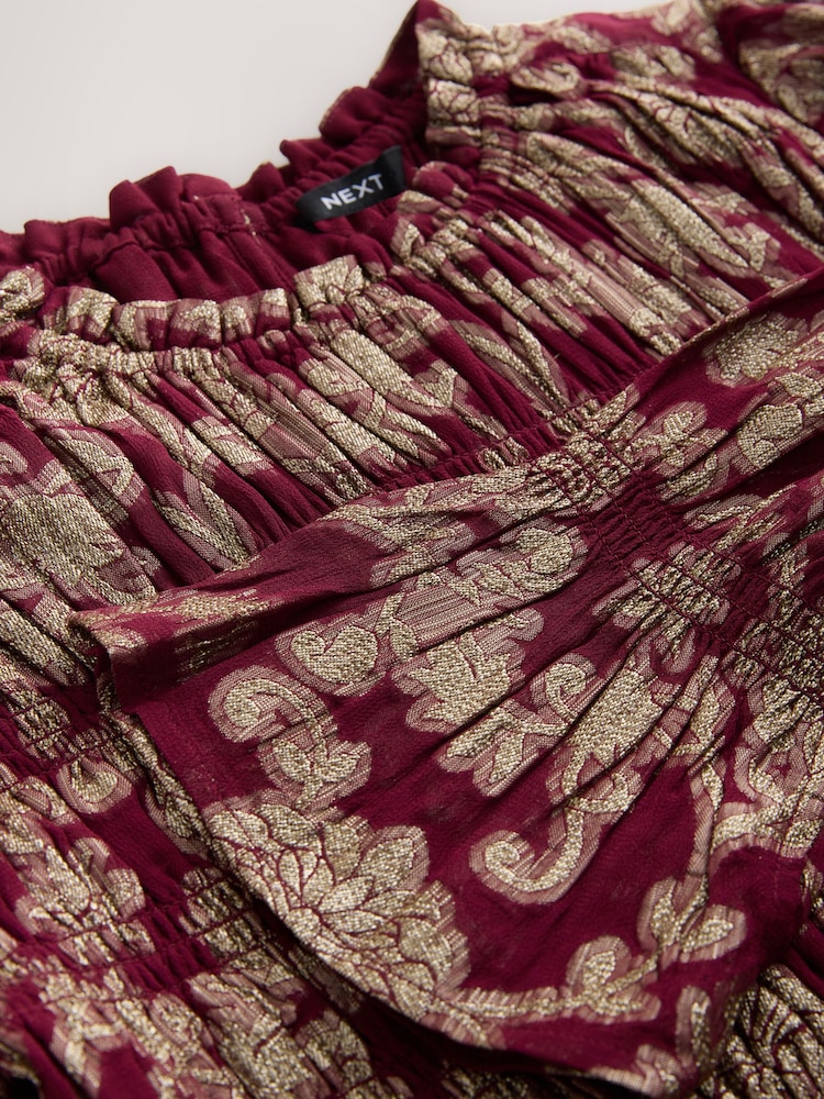 Burgundy/Gold Long Sleeve Metallic Smocked Top - Image 8 of 8