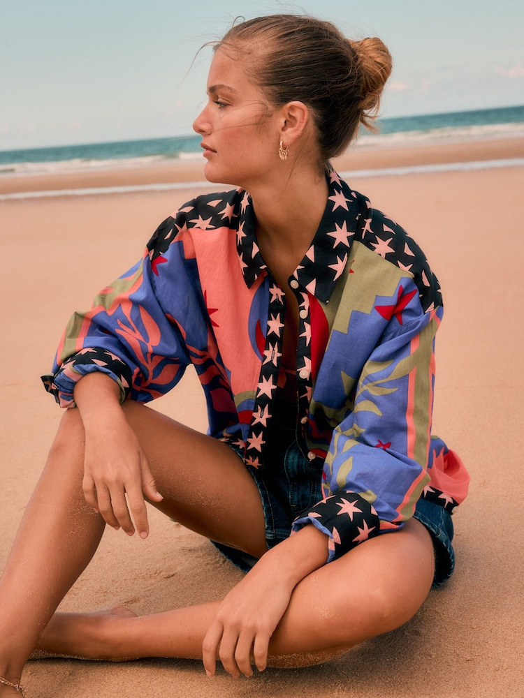 Lila Leopard abstrakter Print - Relaxed Long Sleeve Cotton Lightweight Shirt - Bild 1 von 5 Lila Leopard abstrakter Print - Relaxed Long Sleeve Cotton Lightweight Shirt - Bild 1 von 5