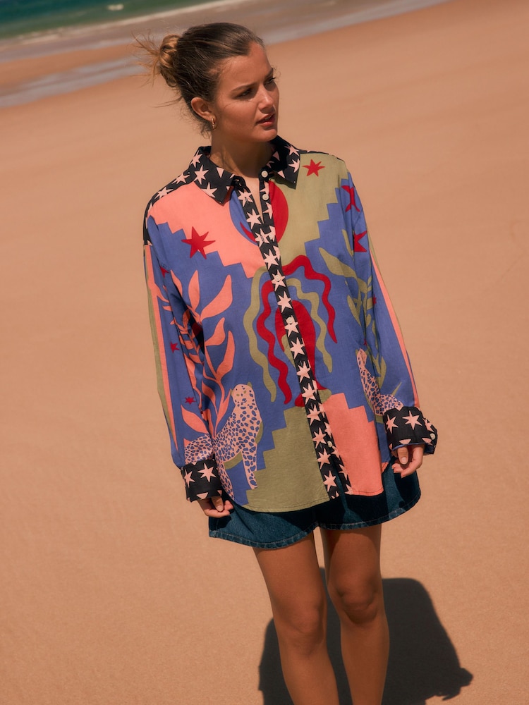 Purple Leopard Abstract Print Relaxed Long Sleeve Cotton Lightweight Shirt - Image 2 of 5
