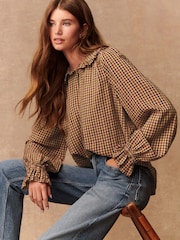 Brown/Orange Check - Peter Pan Collar Long Sleeve Blouse - Imagen 1 de 10