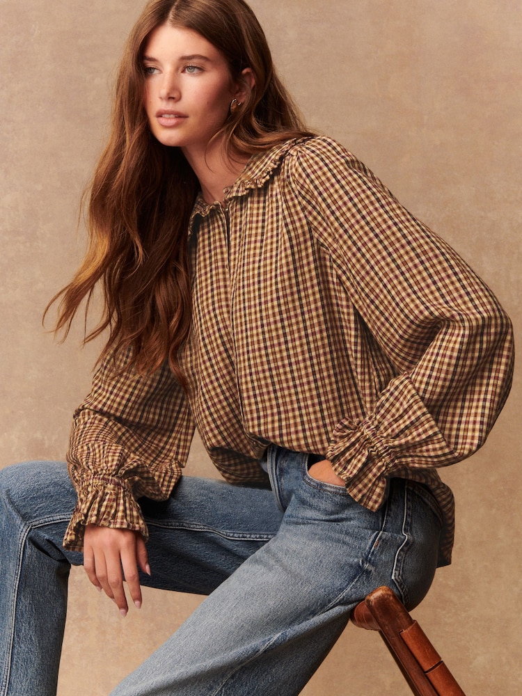 Brown/Orange Check - Peter Pan Collar Long Sleeve Blouse - Imagen 1 de 10 Brown/Orange Check - Peter Pan Collar Long Sleeve Blouse - Imagen 1 de 10