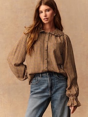 Brown/Orange Check - Peter Pan Collar Long Sleeve Blouse - Imagen 3 de 10