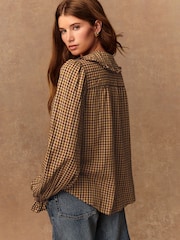 Brown/Orange Check - Peter Pan Collar Long Sleeve Blouse - Imagen 4 de 10