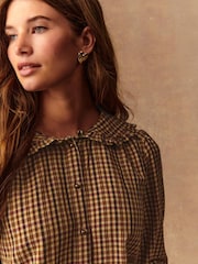Brown/Orange Check - Peter Pan Collar Long Sleeve Blouse - Imagen 5 de 10