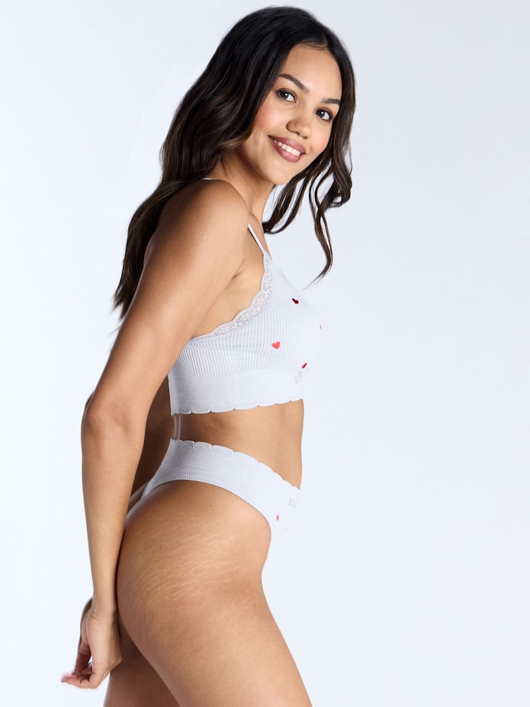 אפור - Boux Avenue Floral Print Embroidered Bralette And Thongs Set - Image 4 of 8