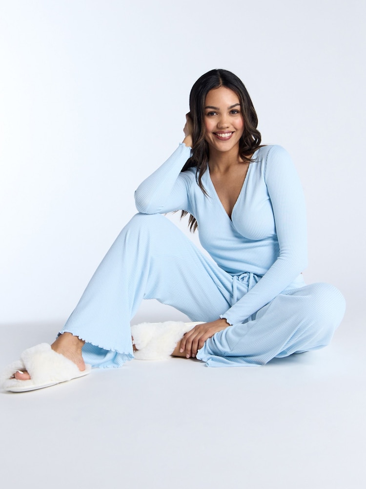 Boux Avenue Blue Rib Wrap Top & Pant Pyjamas Set - Image 5 of 5 Boux Avenue Blue Rib Wrap Top & Pant Pyjamas Set - Image 5 of 5