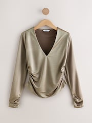 Gold Satin Jersey V-Neck Long Sleeve Top - Image 1 of 3