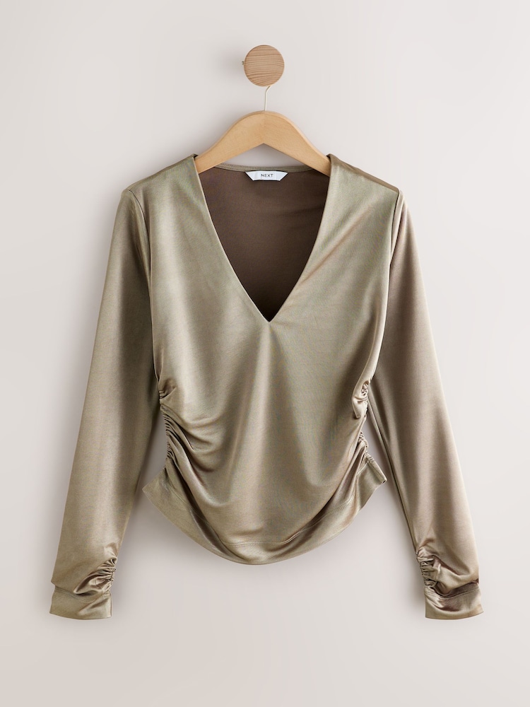 Gold Satin Jersey V-Neck Long Sleeve Top - Image 1 of 3