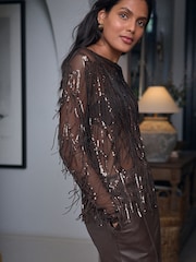 Chocolate Brown Sequin Tassle Long Sleeve Slash Neck Top - Image 2 of 8