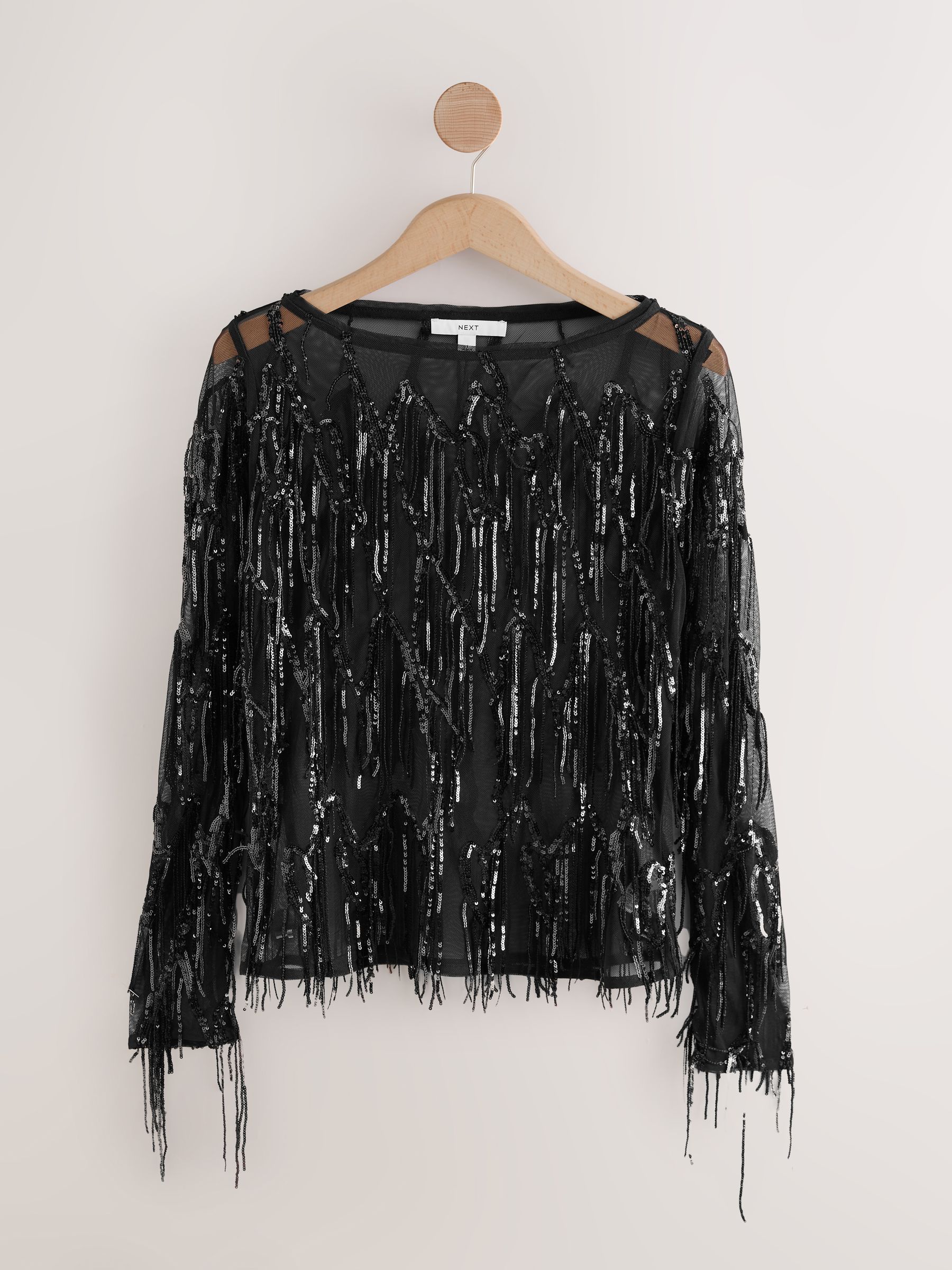 Buy Black Sequin Tassel Long Sleeve Slash Neck Top from the Next