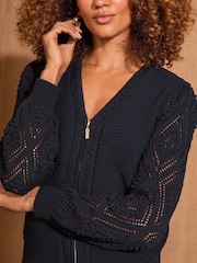 Love & Roses Navy Bobble Stitch Zip Thru Knit Cardigan - Image 2 of 4