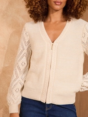 Love & Roses Ivory Bobble Stitch Zip Thru Knit Cardigan - Image 2 of 4