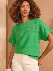 Love & Roses Green Scallop Stitch Grown On Sleeve Knit Top - Image 1 of 4