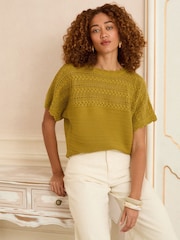 Love & Roses Mustard Yellow Scallop Stitch Grown On Sleeve Knit Top - Image 1 of 4