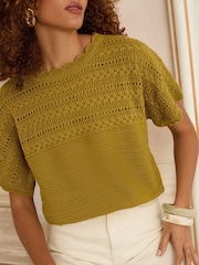 Love & Roses Mustard Yellow Scallop Stitch Grown On Sleeve Knit Top - Image 2 of 4