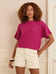 Love & Roses Pink Scallop Stitch Grown On Sleeve Knit Top - Image 1 of 4