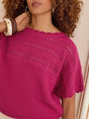 Love & Roses Pink Scallop Stitch Grown On Sleeve Knit Top - Image 2 of 4