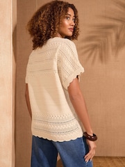 Love & Roses Ivory Scallop Stitch Grown On Sleeve Knit Top - Image 2 of 4