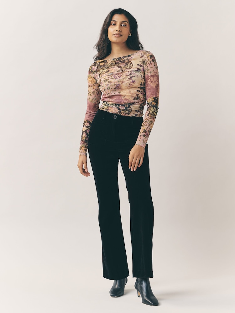 Floral Print Long Sleeve Ruched Side Mesh Top - Image 2 of 4 Floral Print Long Sleeve Ruched Side Mesh Top - Image 2 of 4