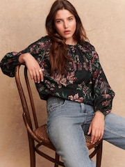 Estampa floral preta - Blusa long sleeve com bainha bolha - Imagem 1 de 8