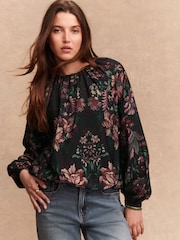 Estampa floral preta - Blusa long sleeve com bainha bolha - Imagem 2 de 8