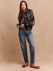 Estampa floral preta - Blusa long sleeve com bainha bolha - Imagem 3 de 8