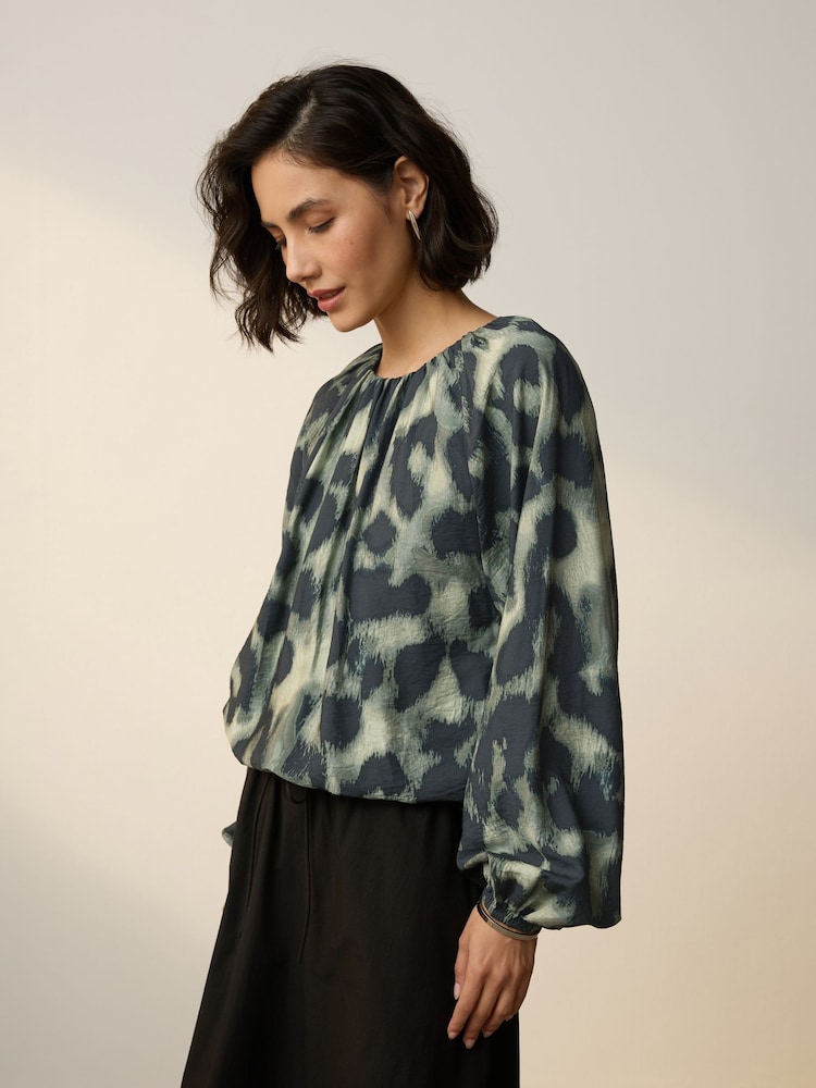 Green/Black Animal Print Long Sleeve Bubble Hem Top - Image 1 of 6 Green/Black Animal Print Long Sleeve Bubble Hem Top - Image 1 of 6