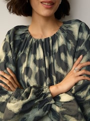 Green/Black Animal Print Long Sleeve Bubble Hem Top - Image 3 of 6
