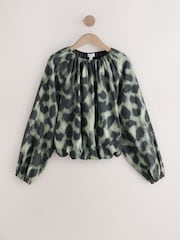 Green/Black Animal Print Long Sleeve Bubble Hem Top - Image 4 of 6