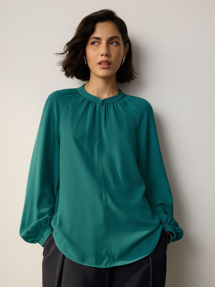 Teal Blue Long Sleeve V-Neck Blouse - Image 1 of 6