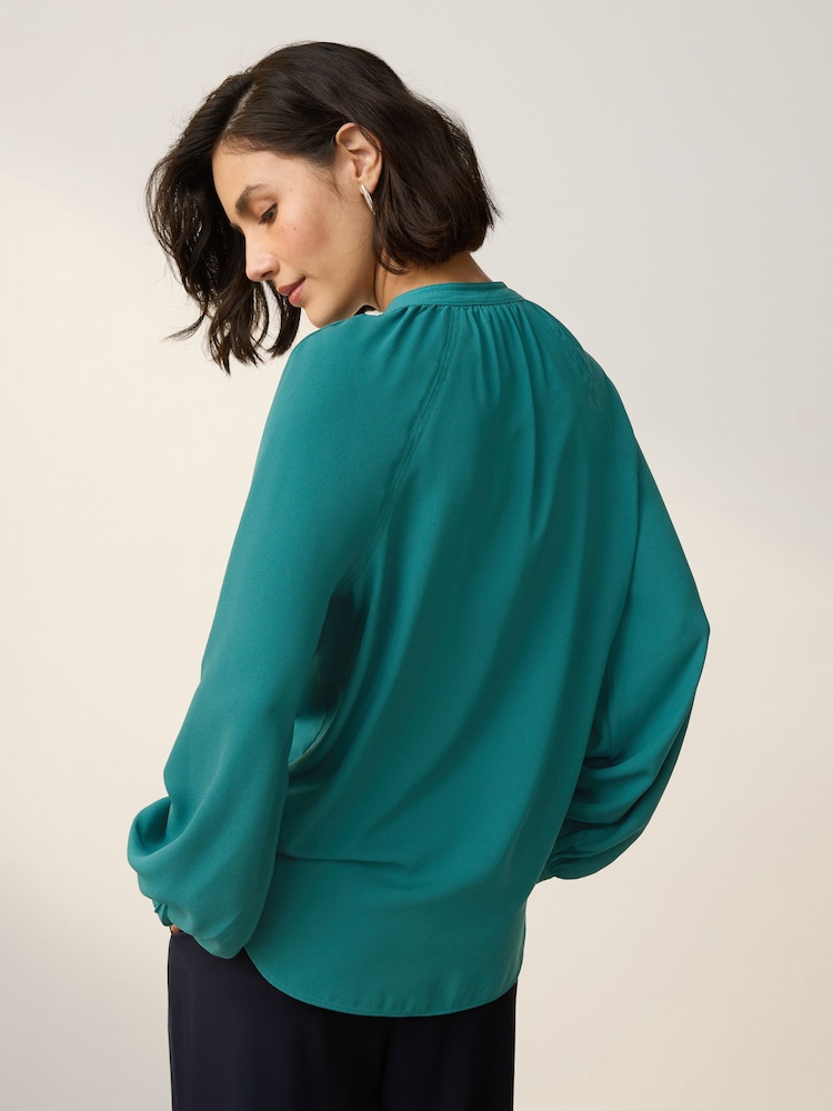 Teal Blue Long Sleeve V-Neck Blouse - Image 2 of 6