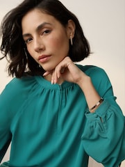 Teal Blue Long Sleeve V-Neck Blouse - Image 3 of 6