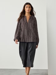 Chocolate Brown Stripe Long Sleeve V-Neck Blouse - Image 1 of 8