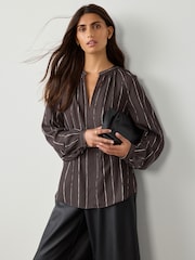 Chocolate Brown Stripe Long Sleeve V-Neck Blouse - Image 2 of 8