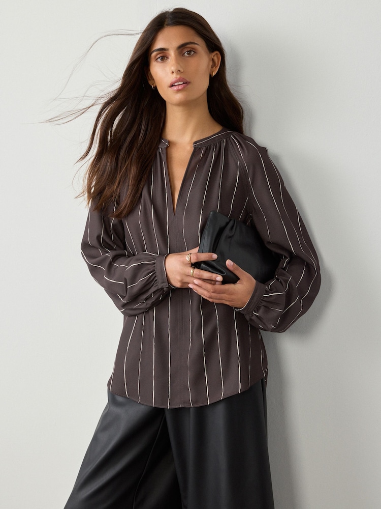 Chocolate Brown Stripe Long Sleeve V-Neck Blouse - Image 2 of 8