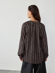 Chocolate Brown Stripe Long Sleeve V-Neck Blouse - Image 4 of 8