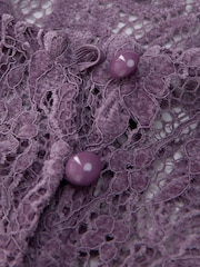Lilac Purple Flocked Velvet Button Down Long Sleeve Top - Image 10 of 10