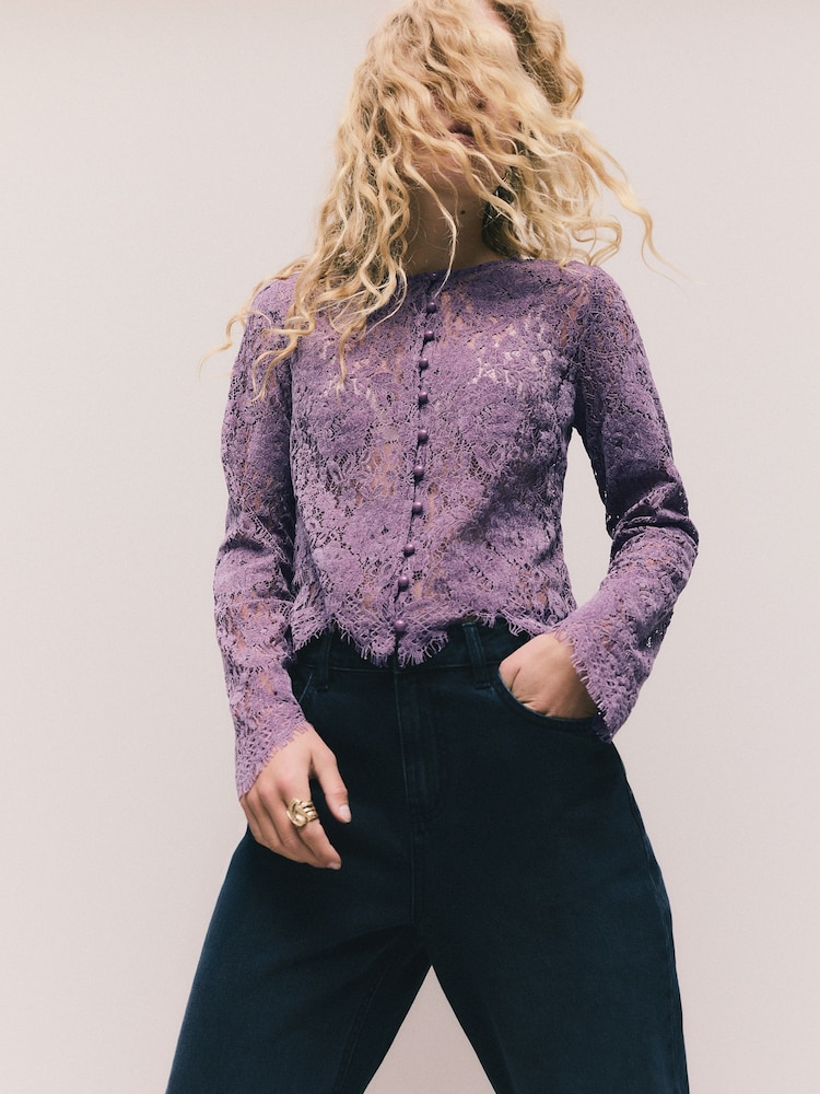 Lilac Purple Flocked Velvet Button Down Long Sleeve Top - Image 2 of 10