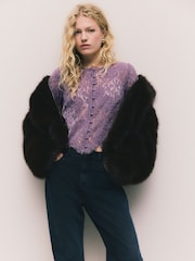 Lilac Purple Flocked Velvet Button Down Long Sleeve Top - Image 3 of 10