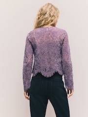 Lilac Purple Flocked Velvet Button Down Long Sleeve Top - Image 4 of 10