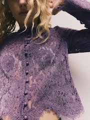 Lilac Purple Flocked Velvet Button Down Long Sleeve Top - Image 5 of 10