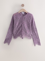 Lilac Purple Flocked Velvet Button Down Long Sleeve Top - Image 6 of 10