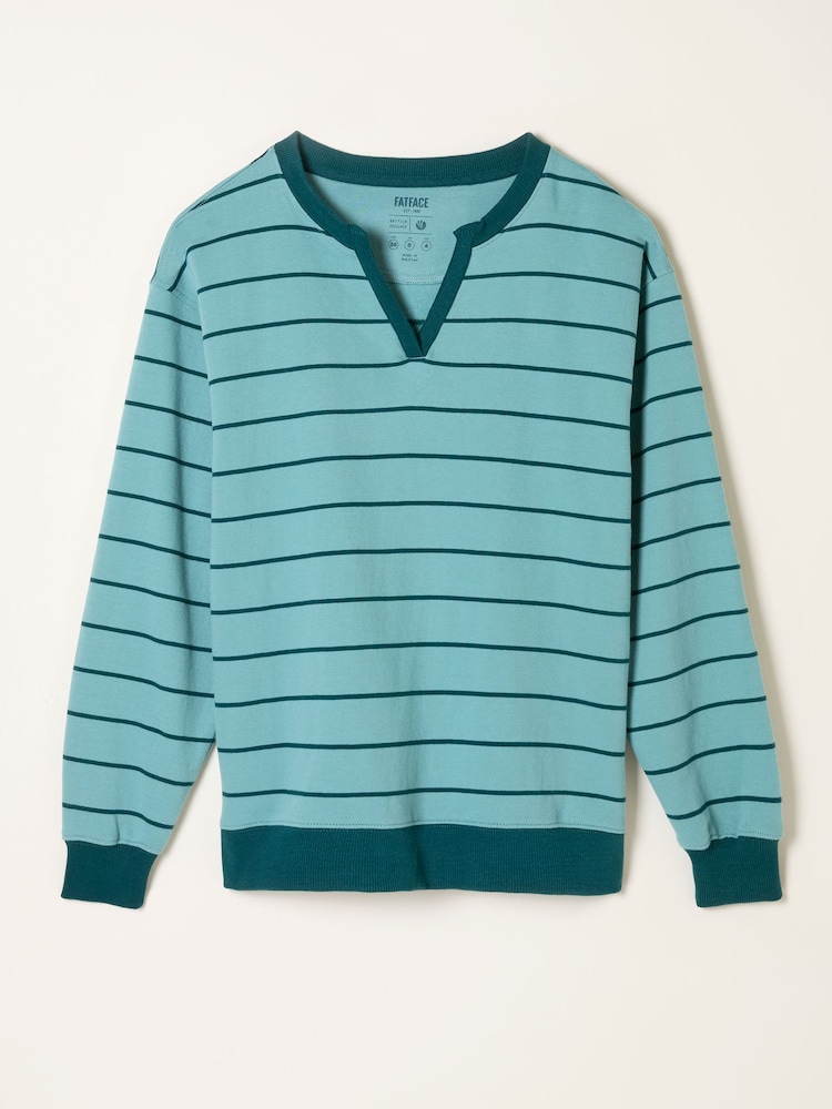 FatFace Teal Blue Stripe Notch Neck Sweatshirt - Image 1 of 1