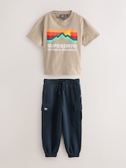 Superdry Tan Navy T-Shirt and Joggers Set - Image 1 of 5