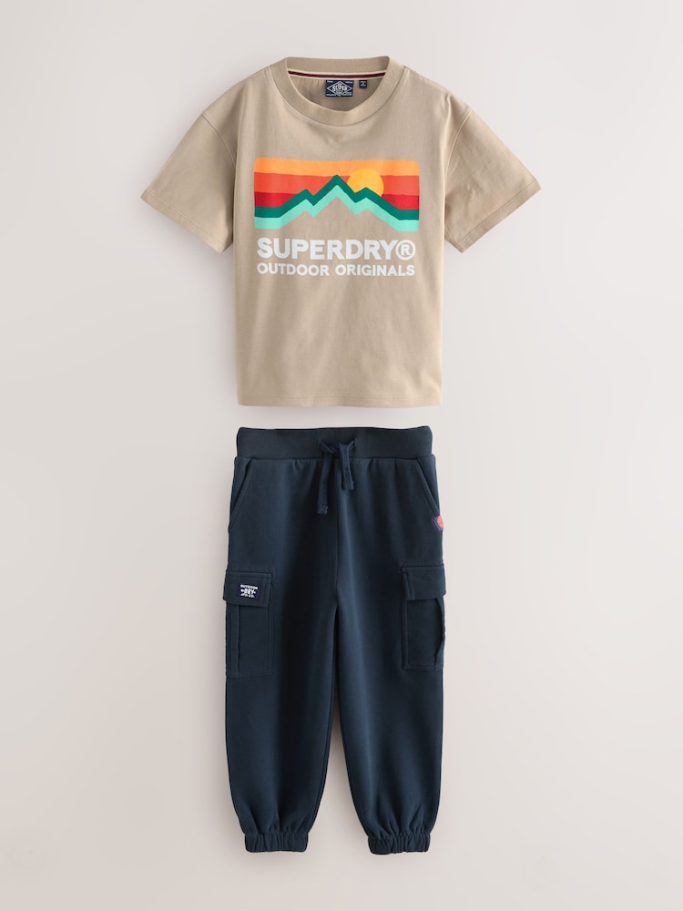 Superdry Tan Navy T-Shirt and Joggers Set - Image 1 of 5 Superdry Tan Navy T-Shirt and Joggers Set - Image 1 of 5