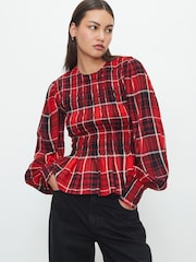 Red Check Smocked Long Sleeve Top - Image 2 of 8