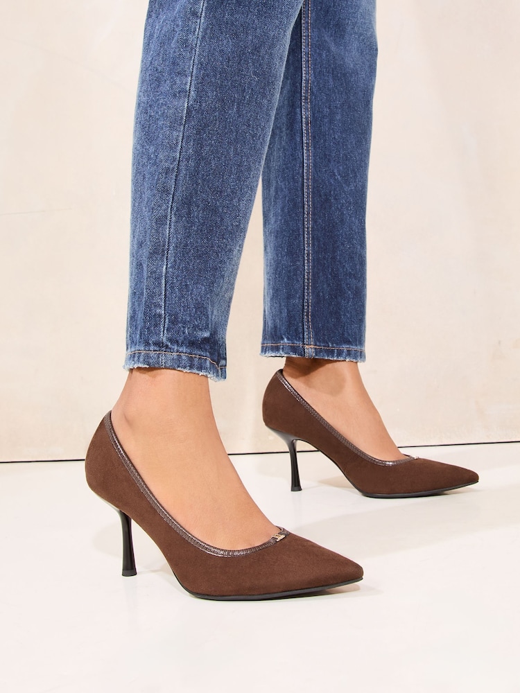 Lipsy Chocolate Brown Standard Fit Mid Heel Faux Leather Court Shoes - Image 1 of 5